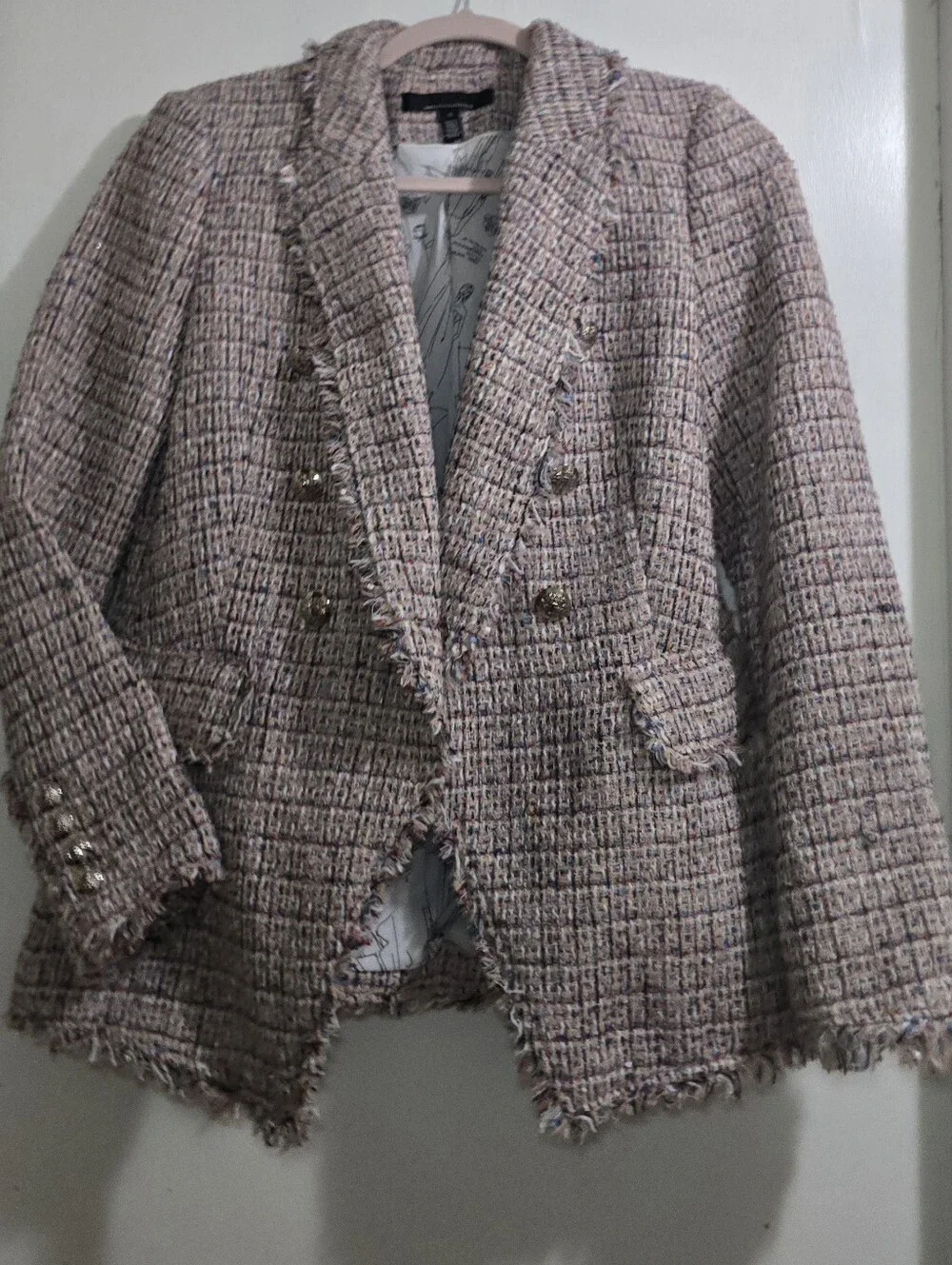 White House Black Market Tweed Studio Blazer Size 4 Fringe Metallic Buttons